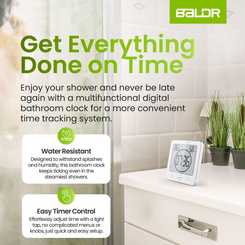 BALDR Digital Shower Clock with Timer - White - Water-Resistant Shower Timer  Countdown Timer Clock with Temperature and Humidity  Digital Clock for Shower  Bathroom Clock  Alarm Clock Battery Powered - Image 2
